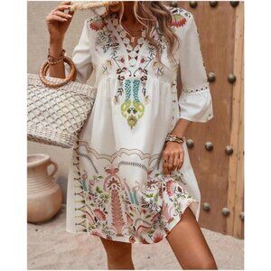 028 Boho Floral Print Lace Ruffle Sleeve Dress